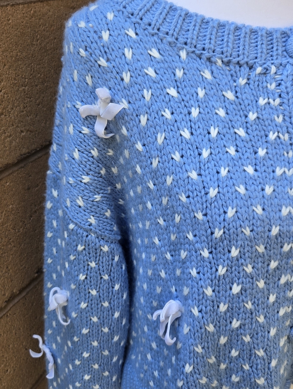 Threaded Leaf Light Blue Bow-Accent Knit Cardigan Sweater - Picture 3 of 10